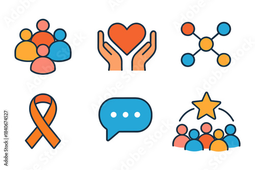 Community Support Icons. Community Support Set flat set: group circle, shared heart, helping hand, connection nodes, support ribbon, message bubble, unity arc, collective star.