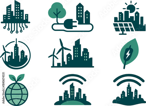 Sustainable Smart City and Renewable Energy Icons Set