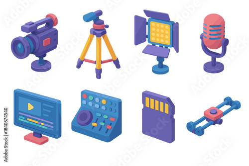 3D Video Tool Icons. Video content tools flat isometric set: video camera, tripod, lighting panel, microphone, monitor screen, editing console, memory card, slider rail.