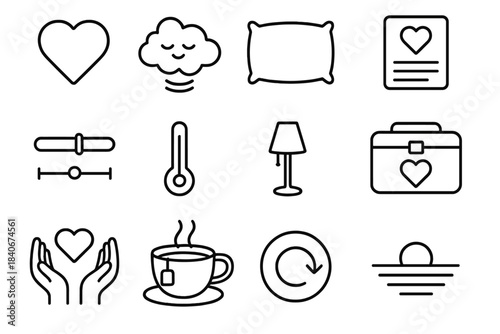 Emotional Care Icons. Emotional Care Pack linear set: heart-centered icon, mindful breath cloud, cozy cushion, affirmations card, mood balance bar, stress meter, quiet corner lamp,