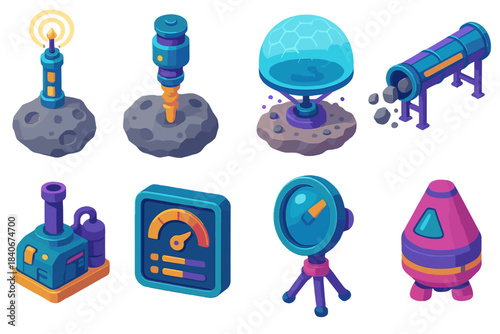 Futuristic Resource Harvesting Icons. Off-World Resource Harvesting flat isometric set: asteroid approach beacon, drilling spindle, dust mitigation shield, ore conveyor tube,