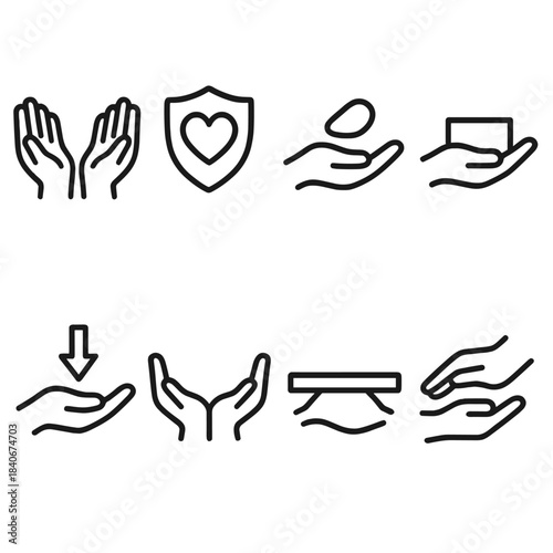 Support Icons Set. Support Icons Set linear set: open hands, heart shield, gentle lift, sturdy block, guiding arrow, safety net, steady beam, caring touch.