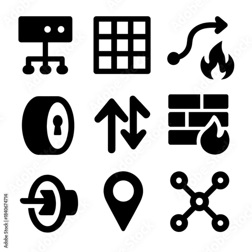 Brutalist Network Icons. Virtual Network Management Set silhouette set: virtual switch, subnet grid, routing path, firewall rule icon, VPN tunnel, traffic flow arrows, endpoint