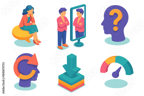 Introspective Icon Set. Self-Reflection Debate flat isometric set: introspective bubble, mirrored perspective icon, internal question mark, thought pivot arrow, consideration tile,