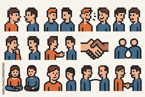 Interpersonal Bond Icons. Interpersonal Bond Indicators set of icons in flat pixel vector style: mutual eye-contact, aligned posture, shared-laughter icon, supportive nod,