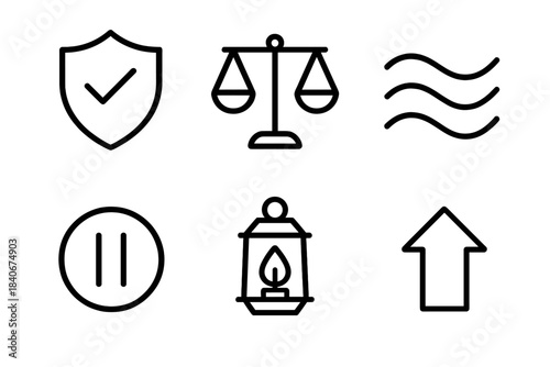 Wellness Icon Set. Wellness Support Elements linear set: resilience shield, balance scale, soothing wave, mindful pause icon, clarity lantern, uplift arrow.