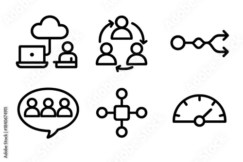 Hybrid Collaboration Icons. Hybrid Collaboration Dynamics linear set: remote–office link, group sync icon, hybrid workflow path, team alignment bubble, shared resource node,