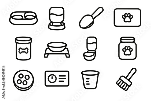 Pet Feeding Essentials. Pet Feeding Toolkit linear set: food dish, water reservoir, scoop spoon, feeding mat, treat vault, raised platform, travel feeder, airtight jar, snack bowl,