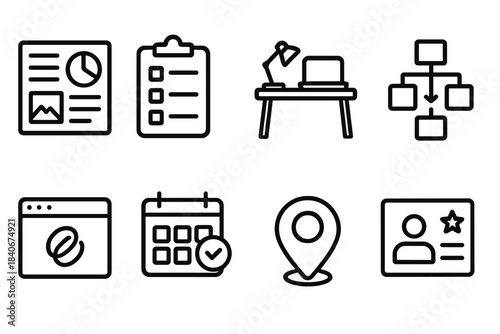 Workplace Entry Icons. Workplace Entry Essentials linear set: company overview page, equipment request form, desk setup cue, process diagram, knowledge base link, meeting calendar