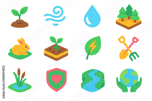 Isometric Environmental Icons. Environmental Protection Elements isometric flat set: sapling growth, clean air swirl, water purity drop, forest patch, animal refuge, soil renewal,