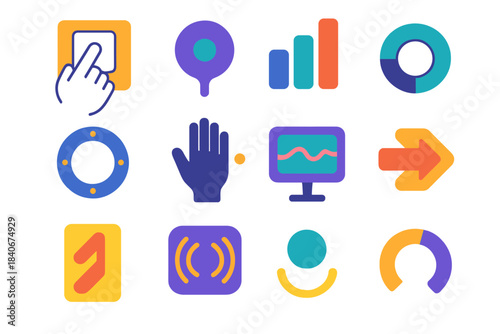 Multisensory Icon Array. Multisensory Device Interaction flat set: touch feedback tile, visual prompt node, sound cue bar, haptic ring, gesture detection dot, motion tracker panel,