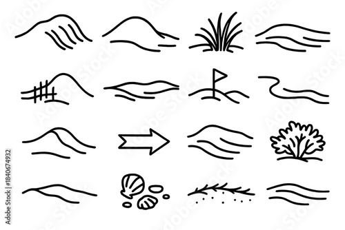 Coastal Dune Icons. Coastal Dune Features linear set: foredune ridge, backdune hump, dune slack, beach grass, sand fence, coastal wind arrow, dune crest marker, shoreline contour,