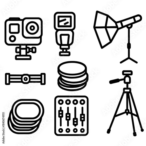 Production Gear Icons. Production Gear Essentials linear set: action camera, photo flash unit, softbox light, boom mic, slider rail, ND filter stack, audio mixer, travel tripod.