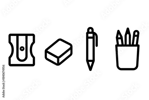 Desk Tool Icons. Desk Writing Tools linear set: pencil sharpener, eraser block, pen holder cup.