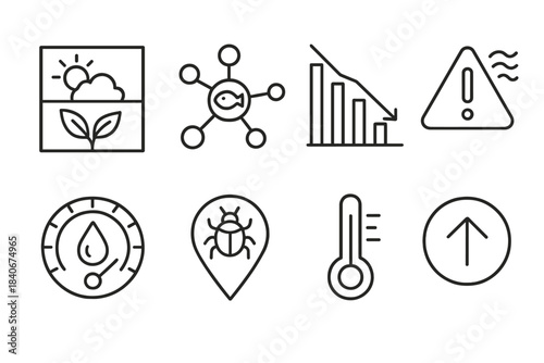 Environmental Risk Icons. Environmental risk indicators linear set: habitat stress tile, species node, ecosystem decline bar, pollutant alert arc, water health gauge, invasive