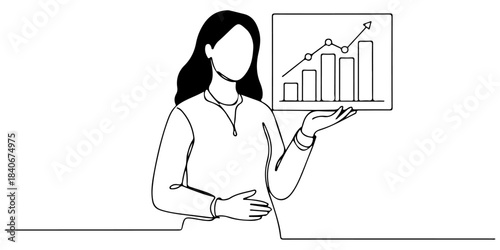 Continuous one line drawing of a woman holding an asset diversification chart, representing a portfolio diversification strategy, line art style vector illustration.