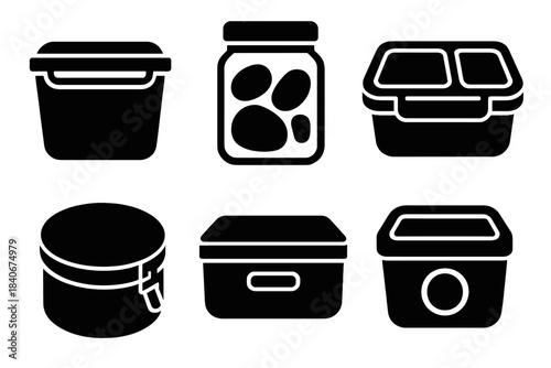 Brutalist Kitchen Icons. Kitchen Food Storage Set silhouette set: sealed container, dry-goods jar, meal prep box, locking lid tin, fridge bin, freshness indicator.