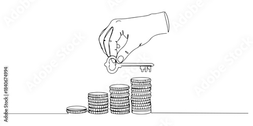 Continuous one line drawing of a hand holding a key over a stack of coins, representing control over wealth assets, line art style vector illustration.