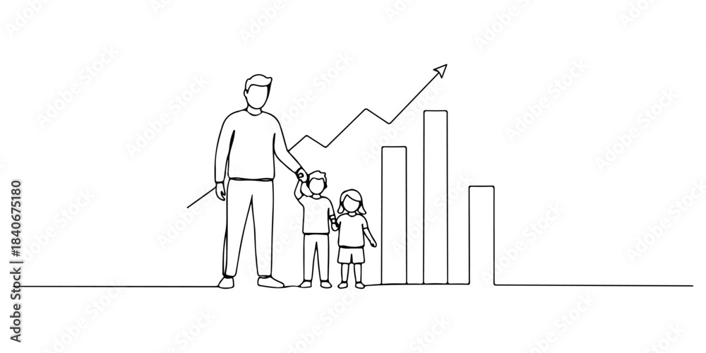 Fototapeta premium Continuous one line drawing of a happy family standing with a stable graph symbol behind, representing the financial stability of the family, line art style vector illustration.