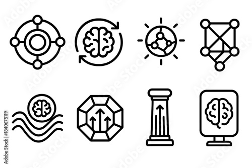 AI Conceptual Icons. Synthetic Intelligence Realms linear set: fusion cognition core, autonomous adaptation loop, sense-making orb, distributed decision lattice, interpretive