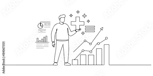 Continuous single line drawing of a man holding a plus symbol with graphs around it, representing personal wealth growth, line art style vector illustration.