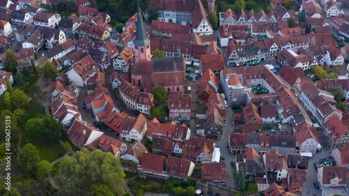Aerial panorama view of the old town around the city Michelstadt 64720 in Germany on a cloudy noon in spring