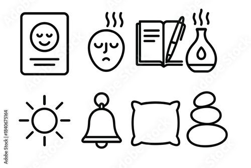 Inner Balance Icons. Inner Balance Toolkit linear set: affirmation card, calm breath icon, journal pen, aromatherapy diffuser, sunlight symbol, gentle bell, comfort pillow,