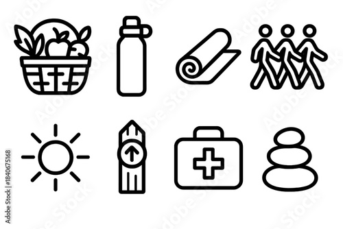 Healthy Lifestyle Icons. Healthy Living Collective linear set: fresh produce basket, water bottle, yoga mat, walking group symbol, sun icon, fitness trail marker, first-aid kit,