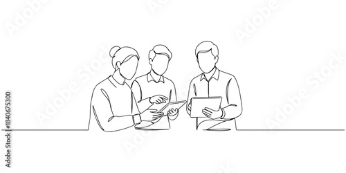 Continuous one line drawing of people discussing while looking at investment charts on a tablet, representing joint financial planning, line art style vector illustration.