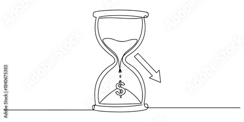 Continuous one line drawing of hourglass with money symbol flowing down in a timely manner, representing time management in investment, line art style vector illustration.