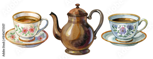 Watercolor tea set with a vintage copper teapot and two floral porcelain cups. Cozy and nostalgic illustration perfect for kitchen decor, recipe cards, caf branding, packaging, invitations and prints.