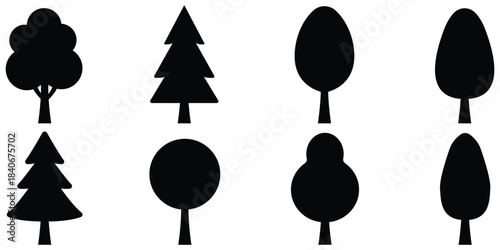 Tree silhouette icon set, Nature foliage shape pack, Botanical forest symbol collection
