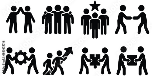 Teamwork stickman figure set, Leadership and cooperation pack, Group activity silhouette collection