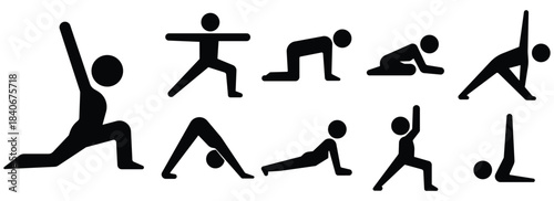 Yoga pose stickman set, Stretching exercise figure pack, Fitness flexibility silhouette collection