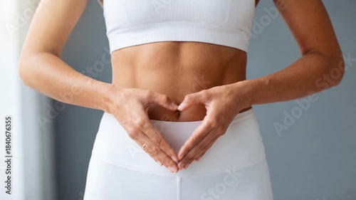 Woman showing heart gesture on her abdomen to symbolize wellness, gut health, and a balanced lifestyle.