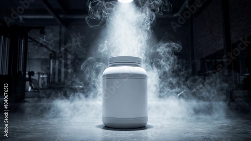 Mockup of a protein supplement jar showcased under dramatic spotlight with smoke inside a gym.