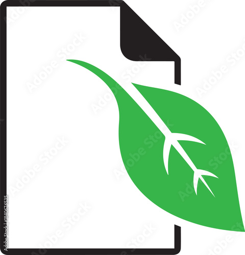 Black document icon with green leaf symbol on white background paper