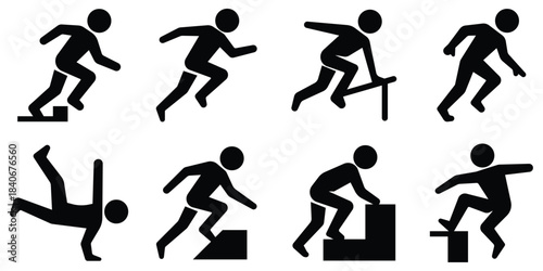 Extreme action stickman set, Parkour stunt figure pack, Jump and flip silhouette collection