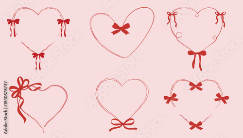 hand draw Set of ribbon heart frames decorated coquette pretty Whimsical. Trendy borders. Vintage elements for greeting cards, wedding, invitations, social media, party.valentine heart 