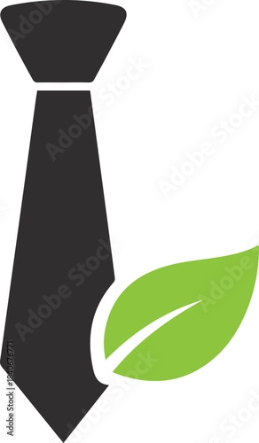 Black necktie with a green leaf symbol on a white background business