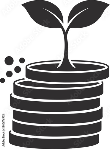 Dark gray silhouette of a plant growing from a stack of coins with scattered dots coin stack money growth