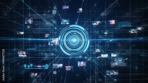 A futuristic digital network with a central glowing core connecting various data screens and information streams.