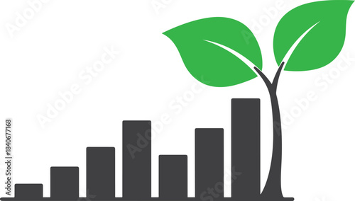 Growing green plant sprout emerging from dark gray bar chart increasing upwards growth leaves