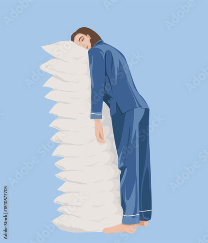 Cozy Sleep and Relaxation Concept Illustration of Girl in Pajamas Resting on Pillows