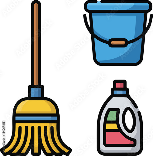 Cleaning supplies including a mop bucket and cleaning solution bottle