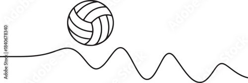 Continuous line art illustration of a minimal wave pattern crossing a volleyball in simple contour drawing