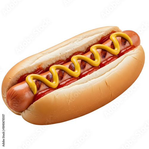 Juicy hot dog with ketchup and mustard in a bun isolated on a transparent background sausage