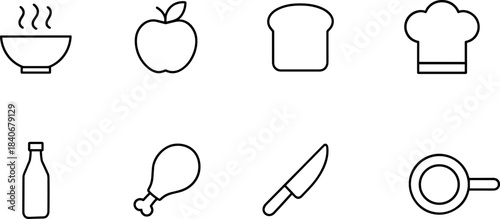 Food and kitchen icons set. Ingredients, meal, cooking tools, outline vector symbols
