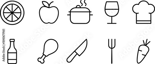 Food and kitchen icons set. Ingredients, meal, cooking tools, outline vector symbols