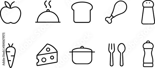 Food and kitchen icons set. Ingredients, meal, cooking tools, outline vector symbols
